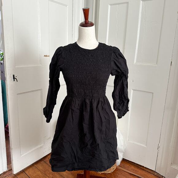 Ganni Black Puff Sleeve Smocked Mini Dress - Picture 1 of 6